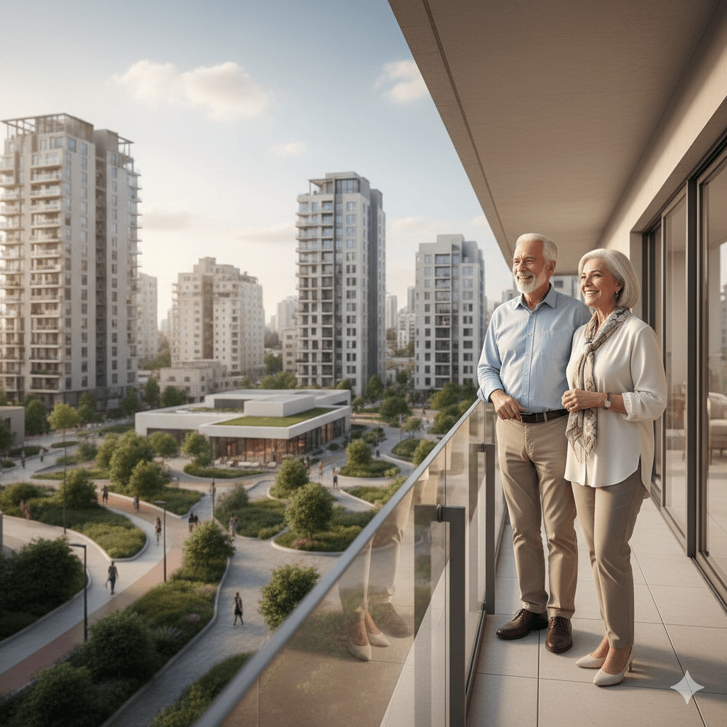 תמונת נושא של המאמר פינוי בינוי גיל 70 המציגה זוג קשישים עומד מחייך על מרפסת של בניין דירות גבוה, משקיף על נוף אורבני של מגדלים מודרניים ופארק ירוק מעוצב למטה. האיש לובש חולצה כחולה בהירה ומכנסי בז', והאישה לובשת חולצה לבנה ומכנסי בז' עם צעיף.