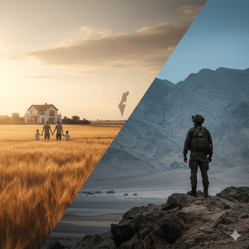 תמונת נושא של המאמר על קרקעות למילואימניקים המציגה בין הבית לחזית" – איור המשלב משפחה בשדה חיטה בשקיעה לצד חייל על משמרתו בנוף הררי, המופרדים על ידי צללית מפת ישראל