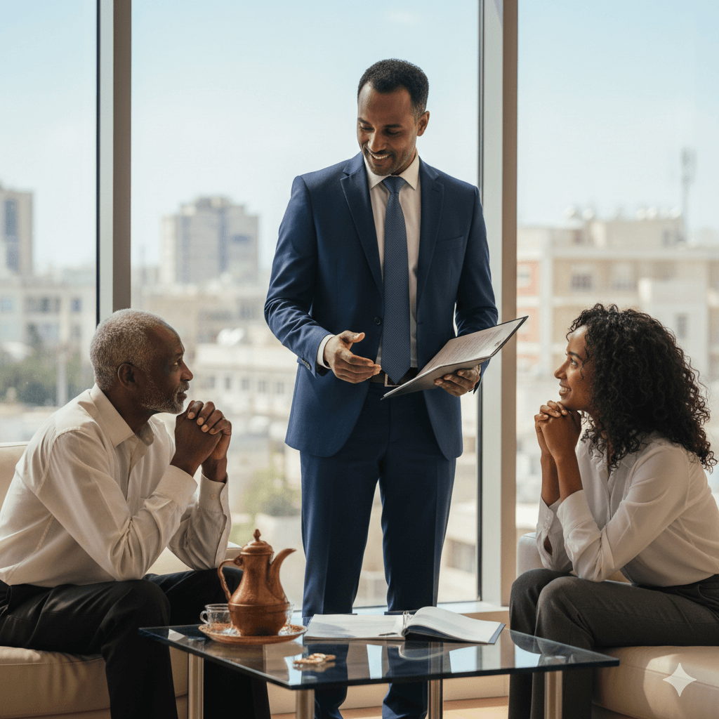 תמונה של המאמר על עורך דין דובר אמהרית המציגה פגישה עסקית או ייעוץ המתרחשת במשרד מודרני עם חלון גדול המשקיף לנוף עירוני. במרכז עומד גבר בחליפה כחולה מחויטת ובידו קלסר, והוא משוחח בחיוך עם שני אנשים היושבים מולו. משמאל יושב גבר מבוגר עם שיער וזקן לבנים הלבוש בחולצה לבנה ומכנס כהה, ומימין יושבת אישה צעירה עם שיער מתולתל הלבושה בחולצה לבנה ומכנס אפור. על שולחן הזכוכית שלפניהם מונח סט מסורתי להגשת קפה או תה הכולל קנקן נחושת מעוטר ומסמכים פתוחים, מה שמשלב אווירה מקצועית עם הכנסת אורחים חמה.