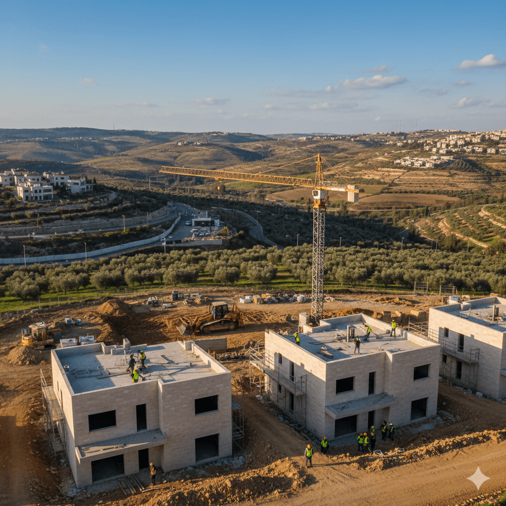 תמונת נושא של המאמר על בנייה ביהודה ושומרון המציגה תצלום אוויר רחב של אתר בנייה הממוקם על צלע גבעה המשקיפה אל נוף הררי פתוח. במרכז התמונה נראים שלושה מבני מגורים חד-קומתיים בשלבי בנייה מתקדמים, המחופים באבן בהירה וסביבם פיגומים ופועלים חובשי קסדות ומרצדים בווסטים זוהרים. מנוף עגורן גבוה וצהוב ניצב במרכז האתר וחולש על המבנים, כשברקע טרקטור צהוב פועל על הקרקע החשופה. הנוף מסביב מאופיין בטרסות חקלאיות, מטעי זיתים צפופים ויישובים כפריים הפזורים על הגבעות הרחוקות תחת שמיים בהירים של שעות אחר הצהריים.