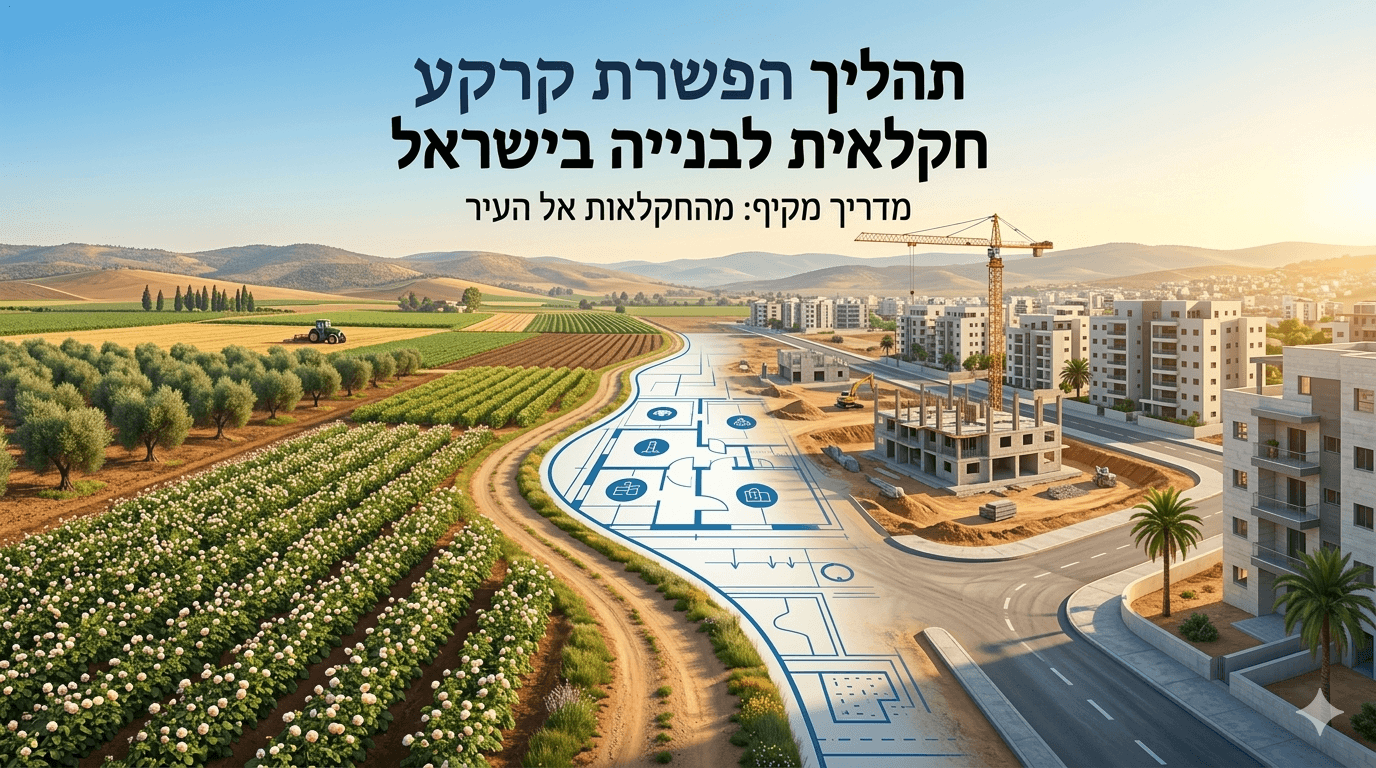 תמונת נושא של המאמר על תהליך הפשרת קרקע חקלאית המציגה איור גרפי רחב של המעבר מחקלאות לבנייה ובו צד שמאל עשיר בשדות ירוקים מטעי זיתים וטרקטור עובד המתמזג דרך שרטוט אדריכלי כחול של תוכנית דירה אל הצד הימני המציג אתר בנייה עם מנוף ובנייני מגורים מודרניים וגמורים תחת הכותרת בעברית תהליך הפשרת קרקע חקלאית לבנייה בישראל מדריך מקיף מחקלאות אל העיר על רקע נוף הררי פתוח בשעות אור יום הממחיש את השינוי בייעוד הקרקע והתפתחות הנדלן.
