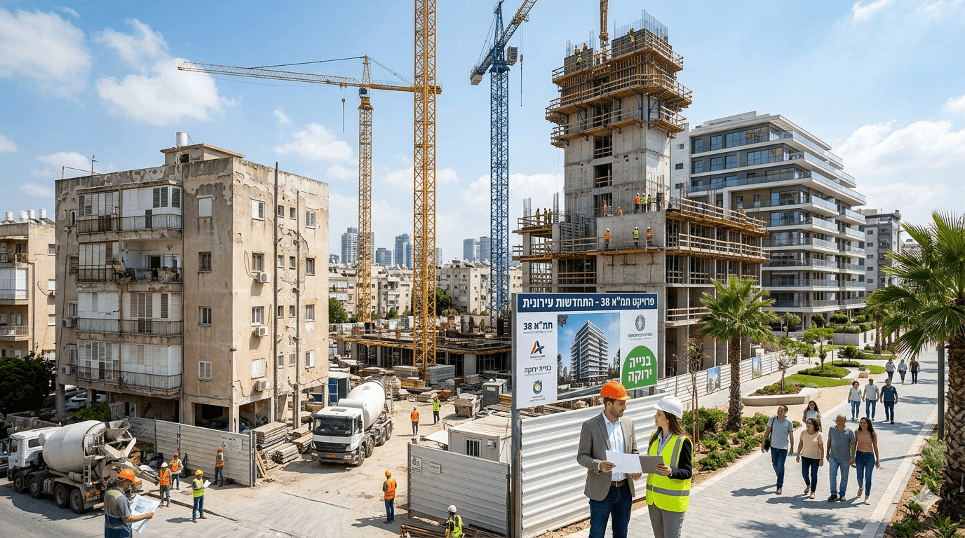 תמונת נושא של המאמר על עורך דין תמ"א 38 המציגה אתר בנייה עירוני פעיל ובו בניין ישן ומתקלף לצד בניין חדש ומודרני הנמצא בשלבי הקמה מתקדמים עם מנופים צהובים ופועלים בקסדות כתומות בעוד שבחזית עומדים גבר ואישה בבגדי עבודה מקצועיים ובוחנים תוכניות בנייה ליד שלט גדול המכריז על פרויקט תמא 38 התחדשות עירונית ובנייה ירוקה וברקע נראים הולכי רגל צועדים על מדרכה נקייה עם צמחייה מטופחת תחת שמיים כחולים המשרים אווירה של פיתוח וצמיחה עירונית.