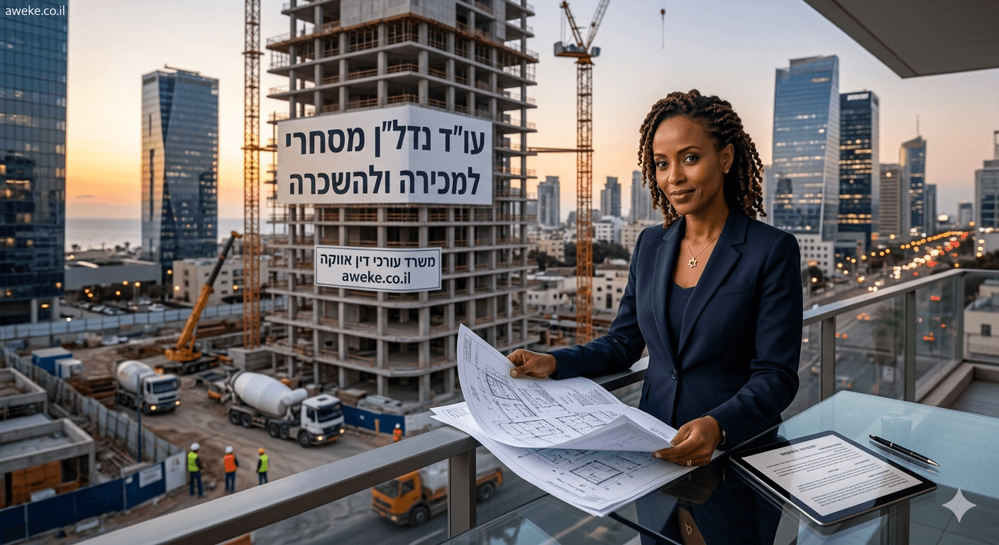 אישה בעלת חזות מקצועית הלבושה בחליפה כחולה עומדת על מרפסת המשקיפה אל אתר בנייה של גורד שחקים בשעת שקיעה כשהיא אוחזת בתוכניות אדריכליות ולידה טאבלט. על שלד הבניין המרכזי מופיע שלט גדול בעברית המציין שירותי עורך דין נדלן מסחרי למכירה ולהשכרה עם כתובת אתר אינטרנט מתחתיו. הרקע כולל קו רקיע עירוני מודרני עם מנופים, משאיות בטון וכבישים עמוסים באור דמדומים המשרה אווירה של פיתוח עסקי ויוקרה.