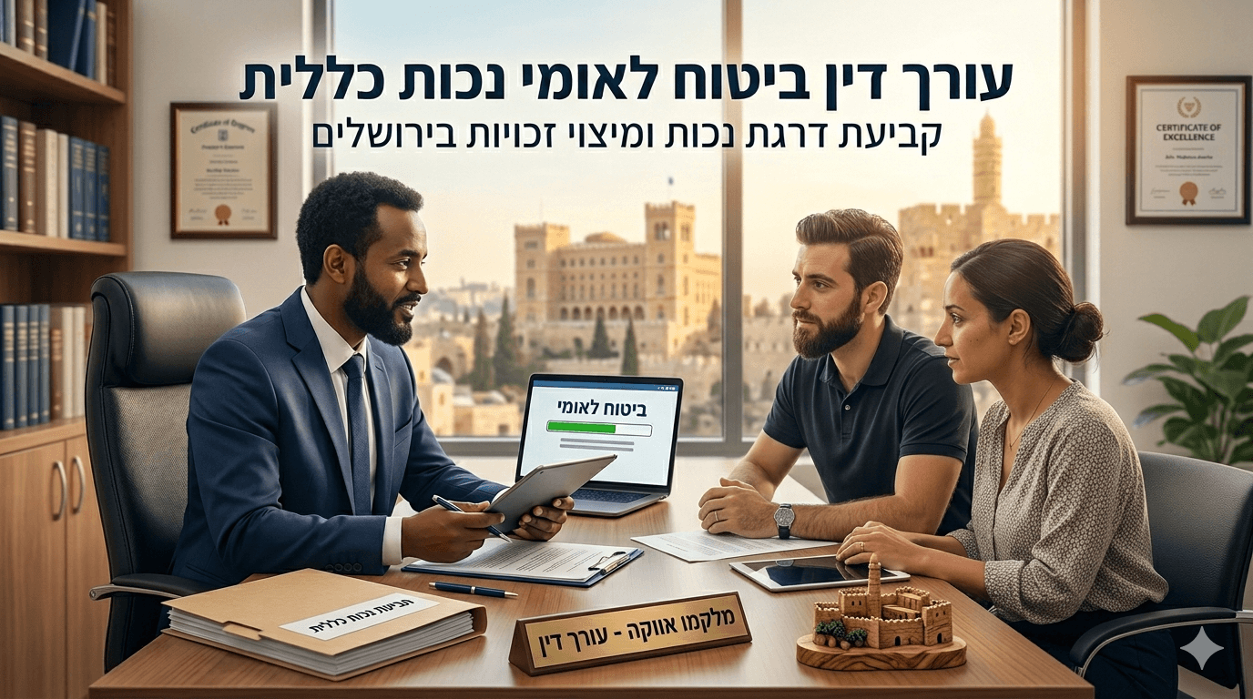 עורך דין בחליפה כחולה יושב במשרדו ומקיים פגישת ייעוץ עם זוג צעיר מול חלון גדול המשקיף לנופה ההיסטורי של ירושלים ומגדל דוד. על שולחן העבודה מונחים מסמכים משפטיים, טאבלט המציג את סמל הביטוח הלאומי ודגם עץ קטן של חומות העיר, כאשר ברקע נראית ספריית ספרי חוק ותעודות ממוסגרות על הקיר. בראש התמונה מופיע כיתוב בולט בעברית עורך דין ביטוח לאומי נכות כללית ומיצוי זכויות בירושלים, המשרה אווירה מקצועית ומכובדת של סיוע משפטי.