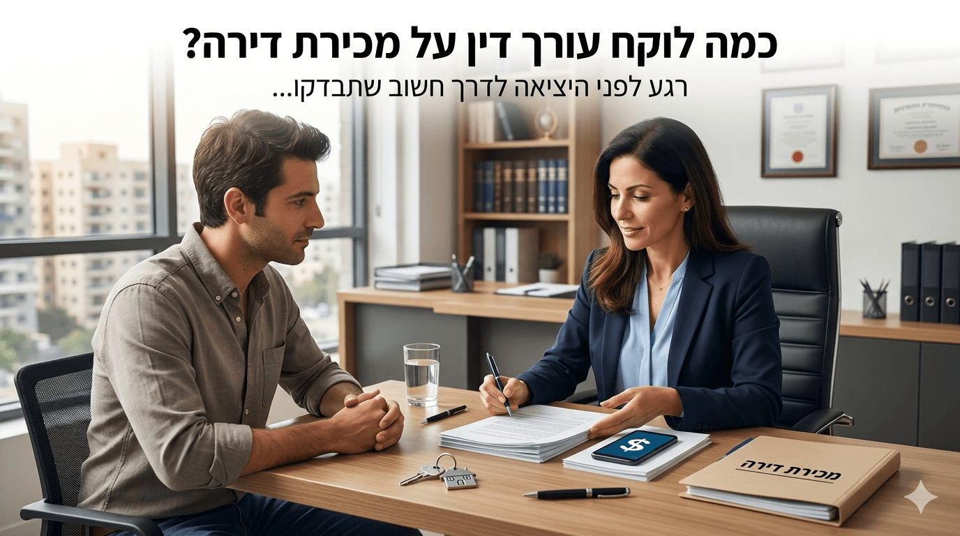 נראים גבר ואישה יושבים בשיחת ייעוץ במשרד עורכי דין מודרני מול שולחן עץ מוארך כאשר על השולחן מונחים מסמכים שונים כולל קלסר חום עם הכיתוב בעברית מכירת דירה סמארטפון המציג סימן דולר וכמה עטים הגבר יושב משמאל עם חולצת כפתורים אפורה פתוחה חלקית ומקשיב בעניין בעוד האישה לובשת ז’קט כחול כהה ומחזיקה עט כשהיא מסמנת על מסמך מול הגבר רקע המשרד המואר כולל חלונות גדולים המשקיפים על נוף עירוני של בנייני מגורים וספריית עץ עם ספרים ותעודות ממוסגרות על הקיר שמעל הזוג מופיע טקסט גדול בבולד בצבע שחור ששואל בעברית כמה לוקח עורך דין על מכירת דירה ותחתיו כיתוב משנה קטן יותר המציין רגע לפני היציאה לדרך חשוב שתבדקו הסגנון הוא פוטו ריאליסטי עם דגש על אינטראקציה מקצועית ואווירה של אמון